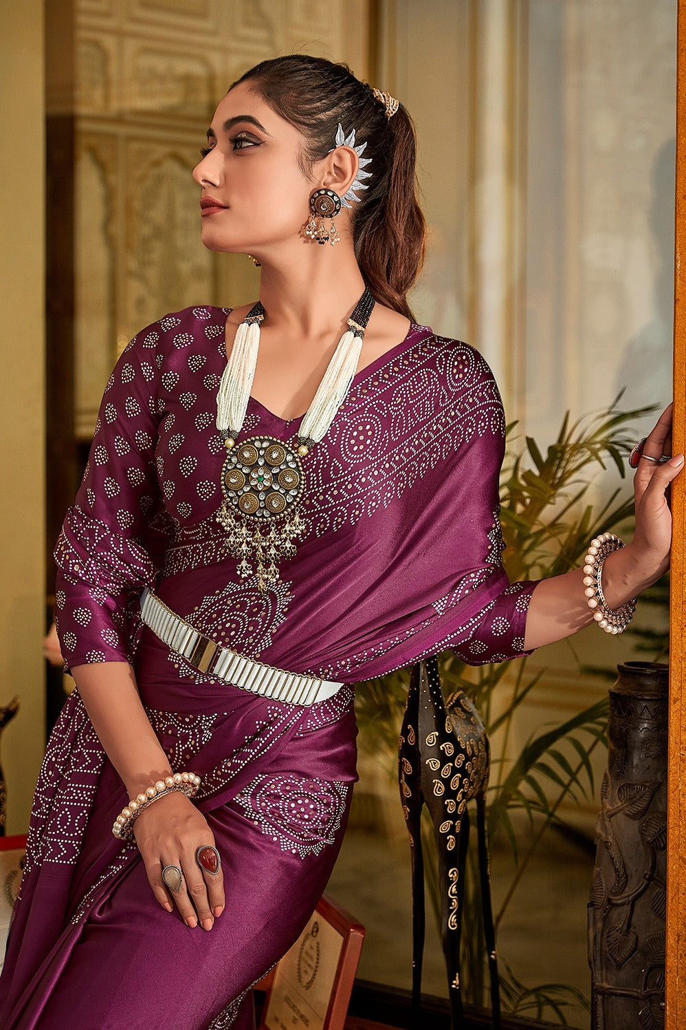 SAWARNA GAJI SATIN BANDHEJ PRINT SAREEE
