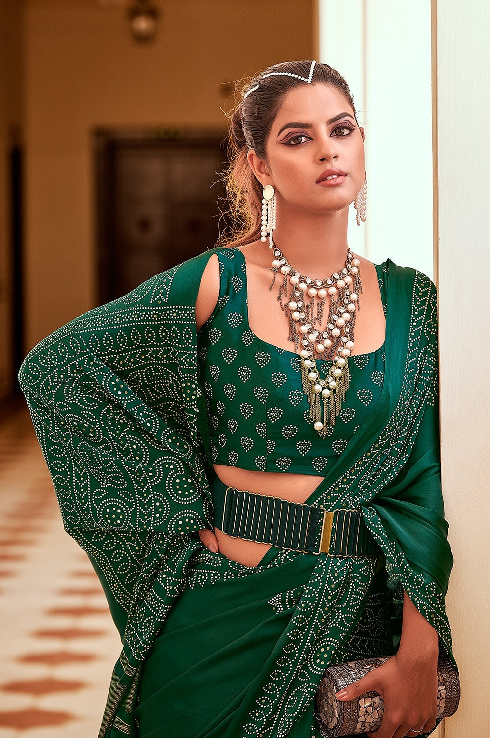 SAWARNA GAJI SATIN BANDHEJ PRINT SAREEE
