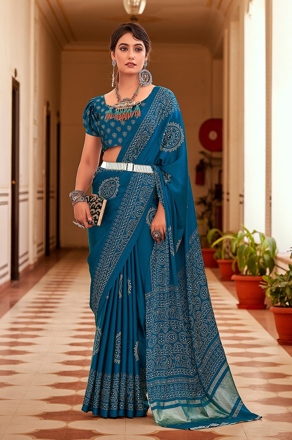 SAWARNA GAJI SATIN BANDHEJ PRINT SAREEE