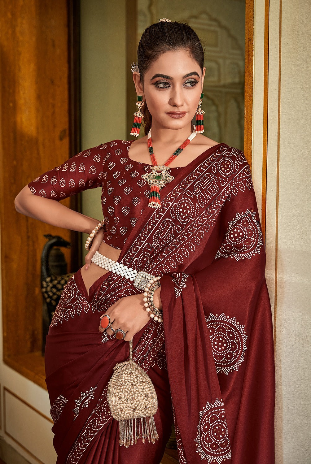 SAWARNA GAJI SATIN BANDHEJ PRINT SAREEE