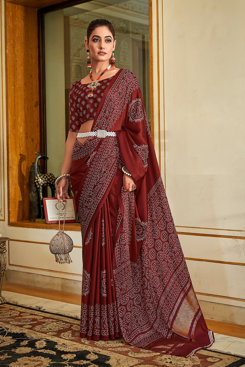SAWARNA GAJI SATIN BANDHEJ PRINT SAREEE