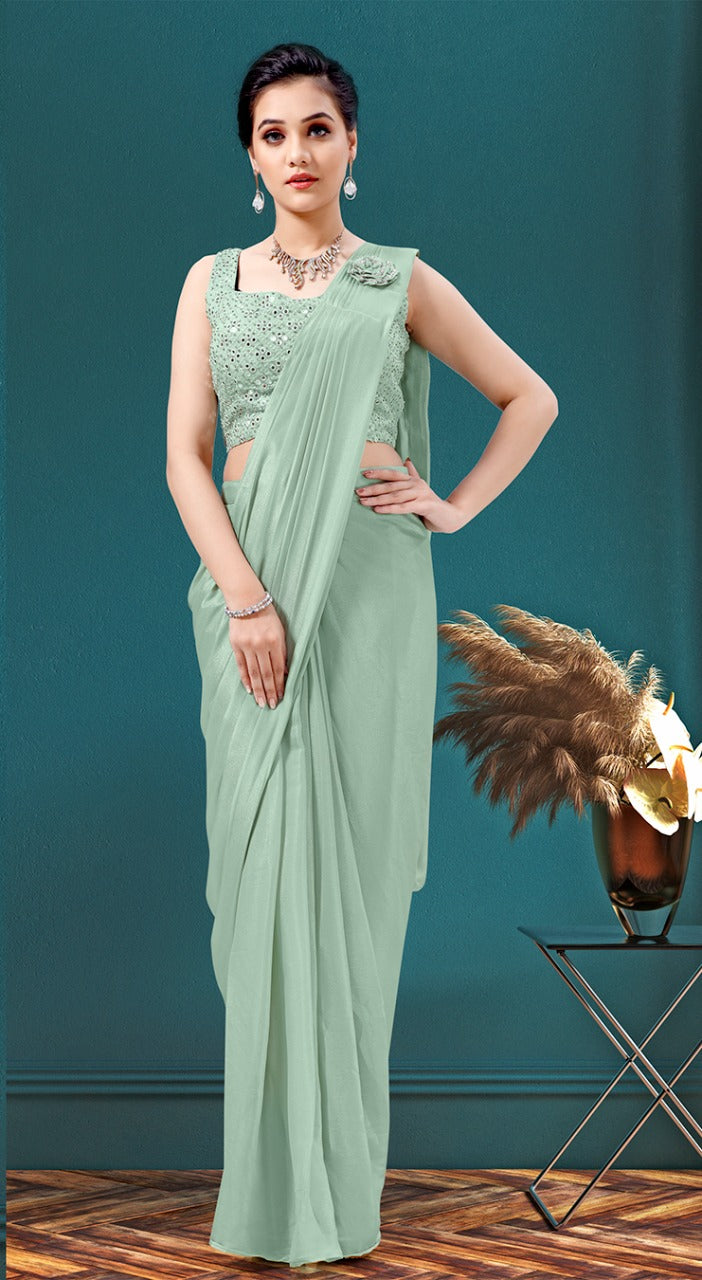 Readymade Collection Plain Chiffon Teal Blue Party Wear Saree