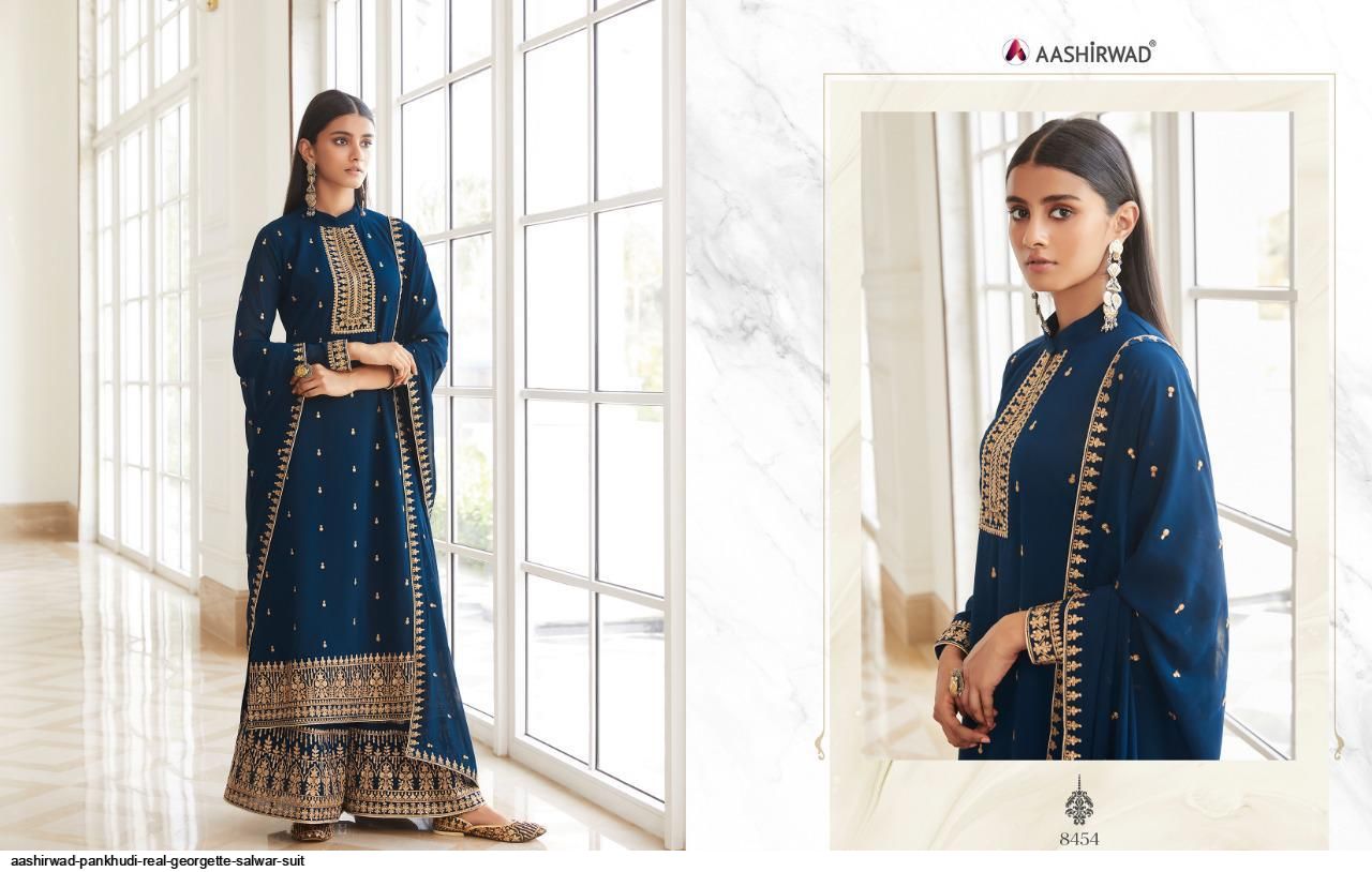 AASHIRWAD PANKHUDI PURE GEORGETTE SUITS SERIES 8453 To 8457 Anant Tex Exports Private Limited