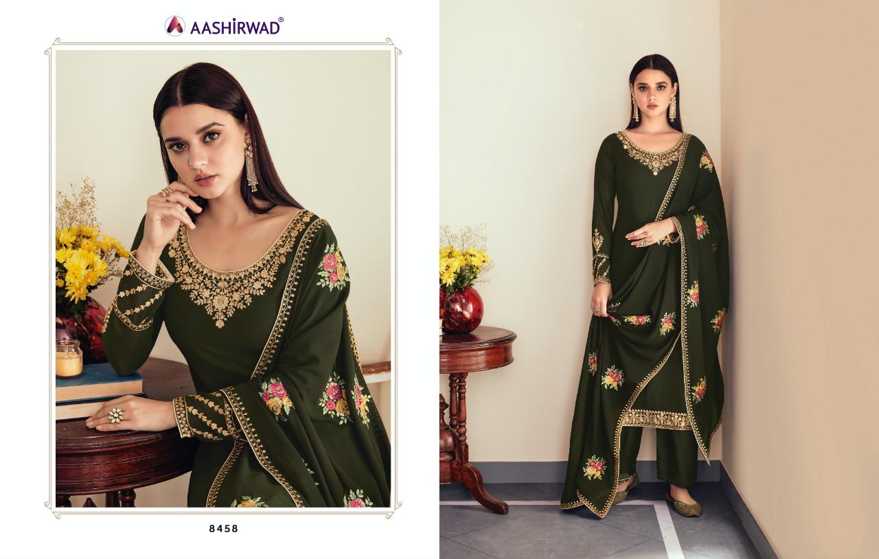AASHIRWAD SUNHERI HEAVY EMBROIDERED SUITS SERIES 8458 TO 8462 Anant Tex Exports Private Limited