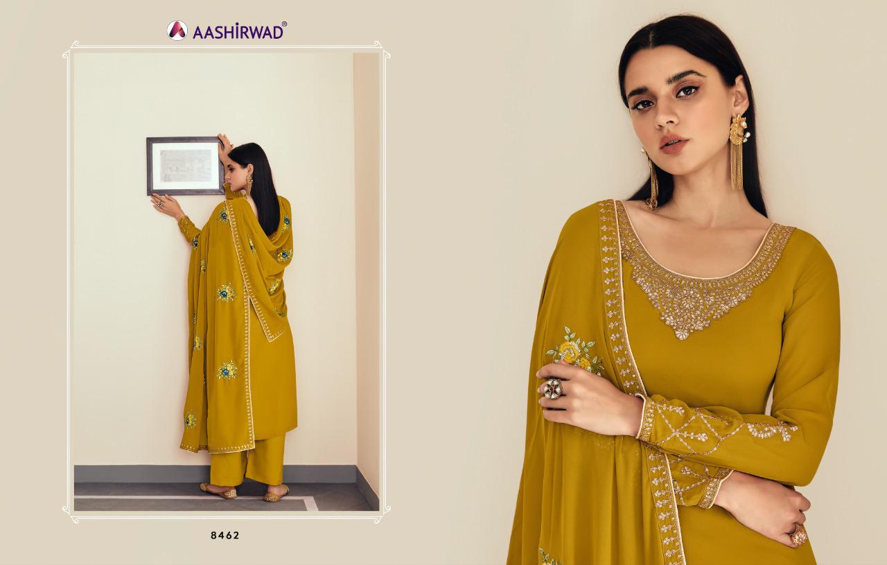 AASHIRWAD SUNHERI HEAVY EMBROIDERED SUITS SERIES 8458 TO 8462 Anant Tex Exports Private Limited