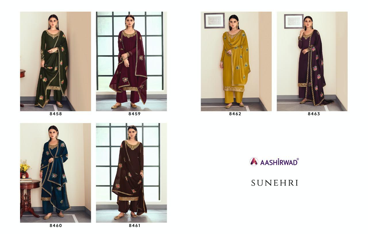 AASHIRWAD SUNHERI HEAVY EMBROIDERED SUITS SERIES 8458 TO 8462 Anant Tex Exports Private Limited