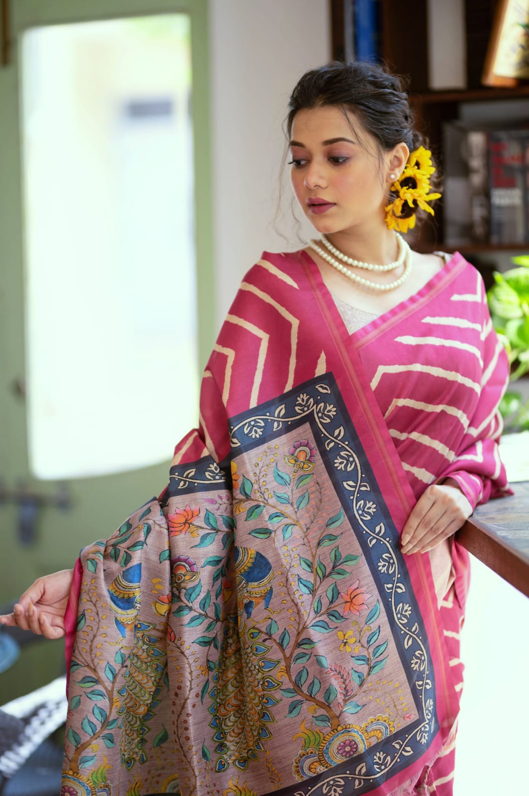 LEHERIYA SAREE WITH KALAMKARI PEACOCK PALLU Anant Tex Exports Private Limited