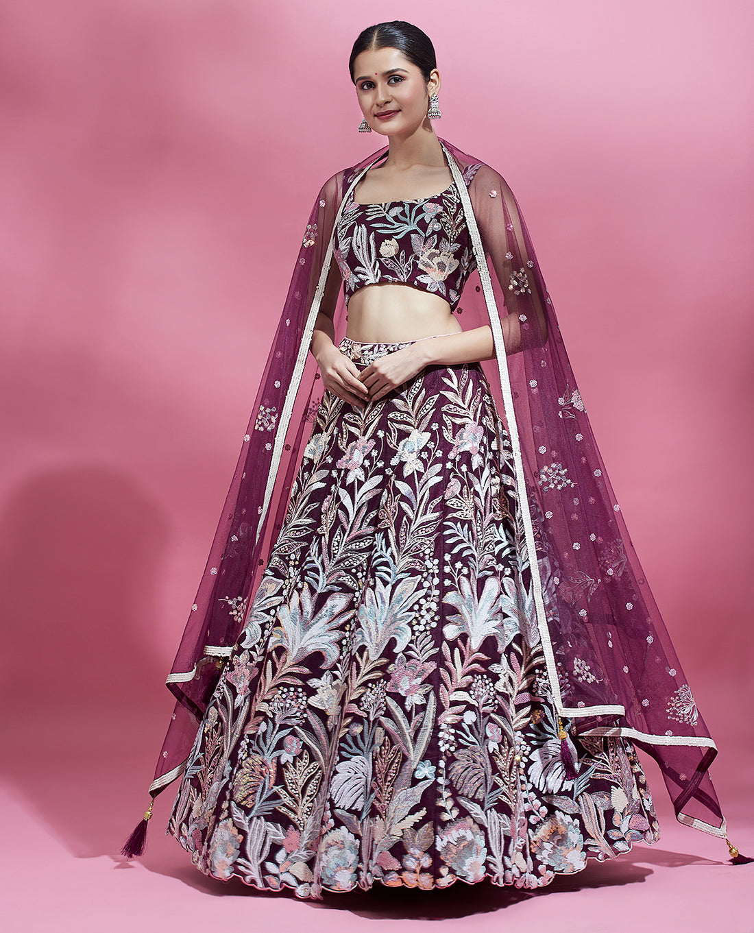 Burgundy Net Sequence Work Floral Lehenga & Blouse with Dupatta