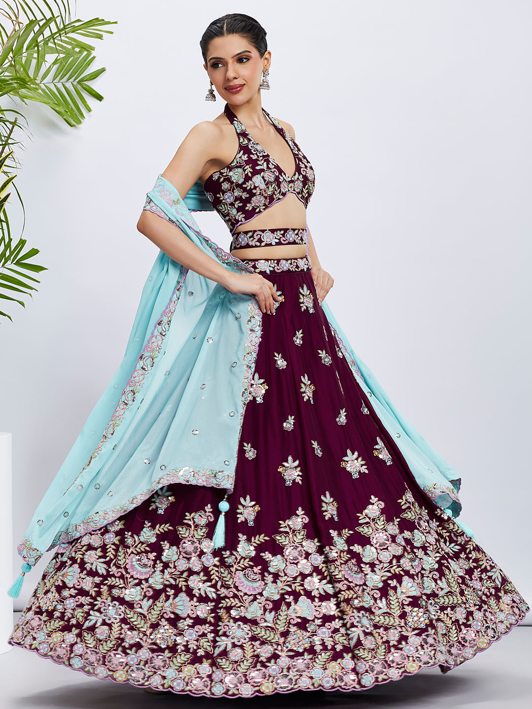 Burgundy Georgette Sequins Thread Embroidery Lehenga Choli & Dupatta