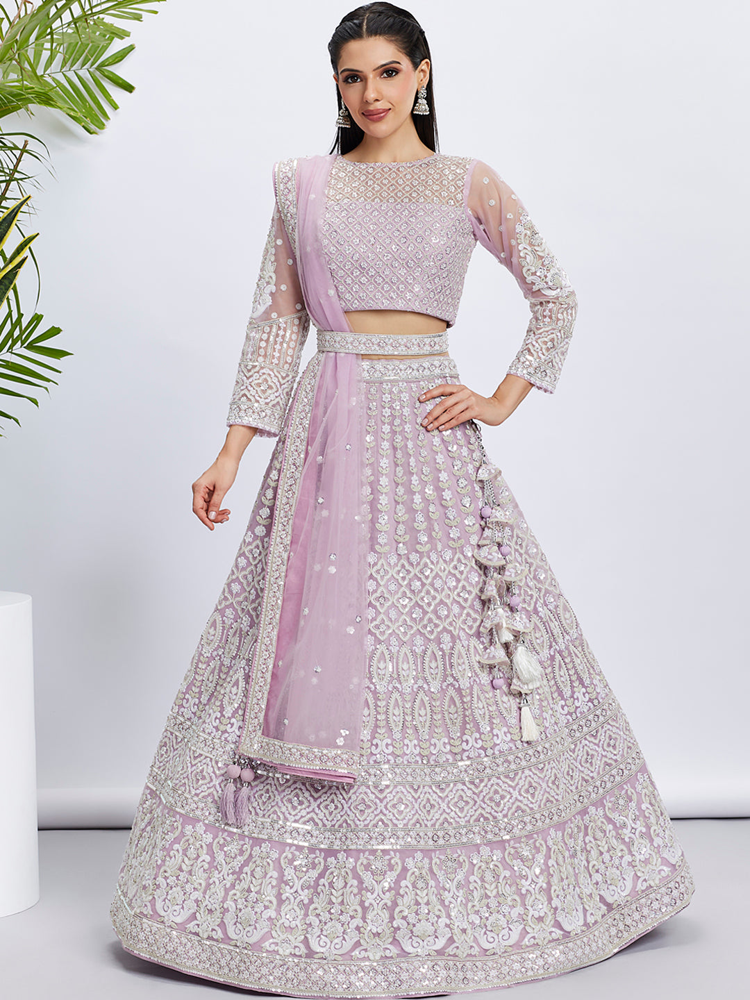 Lavender Net Sequins and Thread Embroidery Lehenga Choli & Dupatta