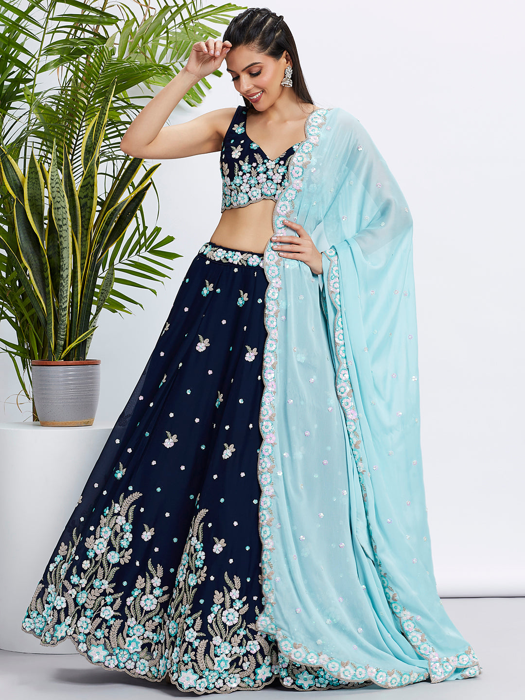 Navy Blue Georgette Sequins & Thread Embroidery Lehenga Choli & Dupatta