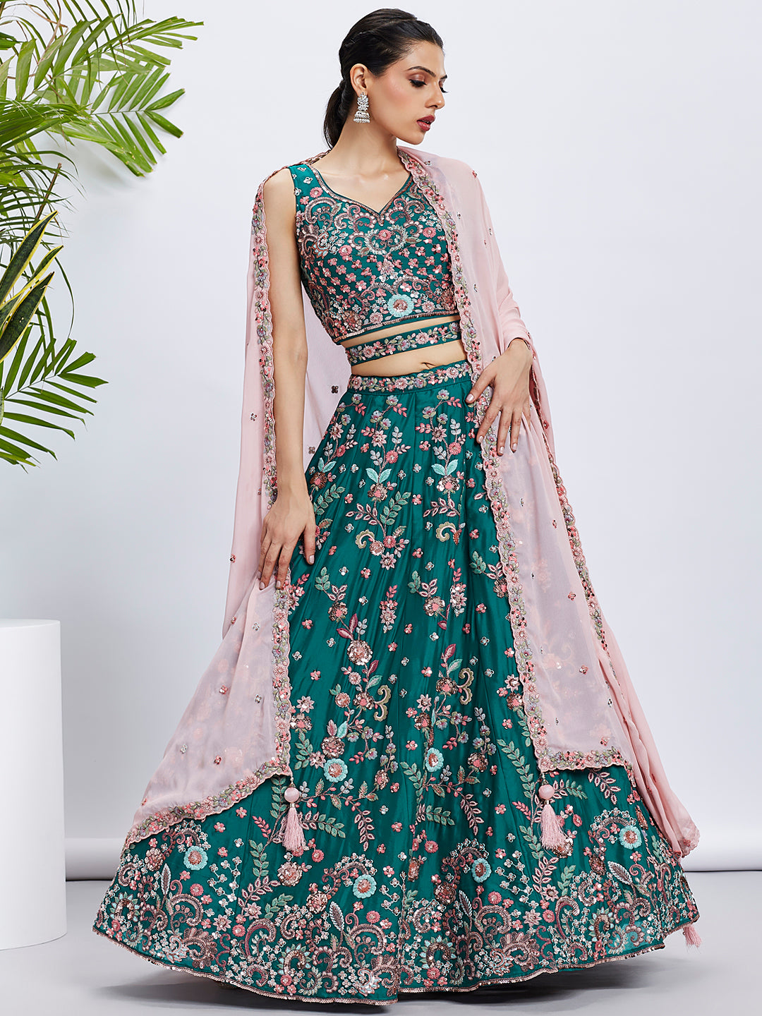 Green Georgette Sequins and Thread Embroidery Lehenga Choli & Dupatta