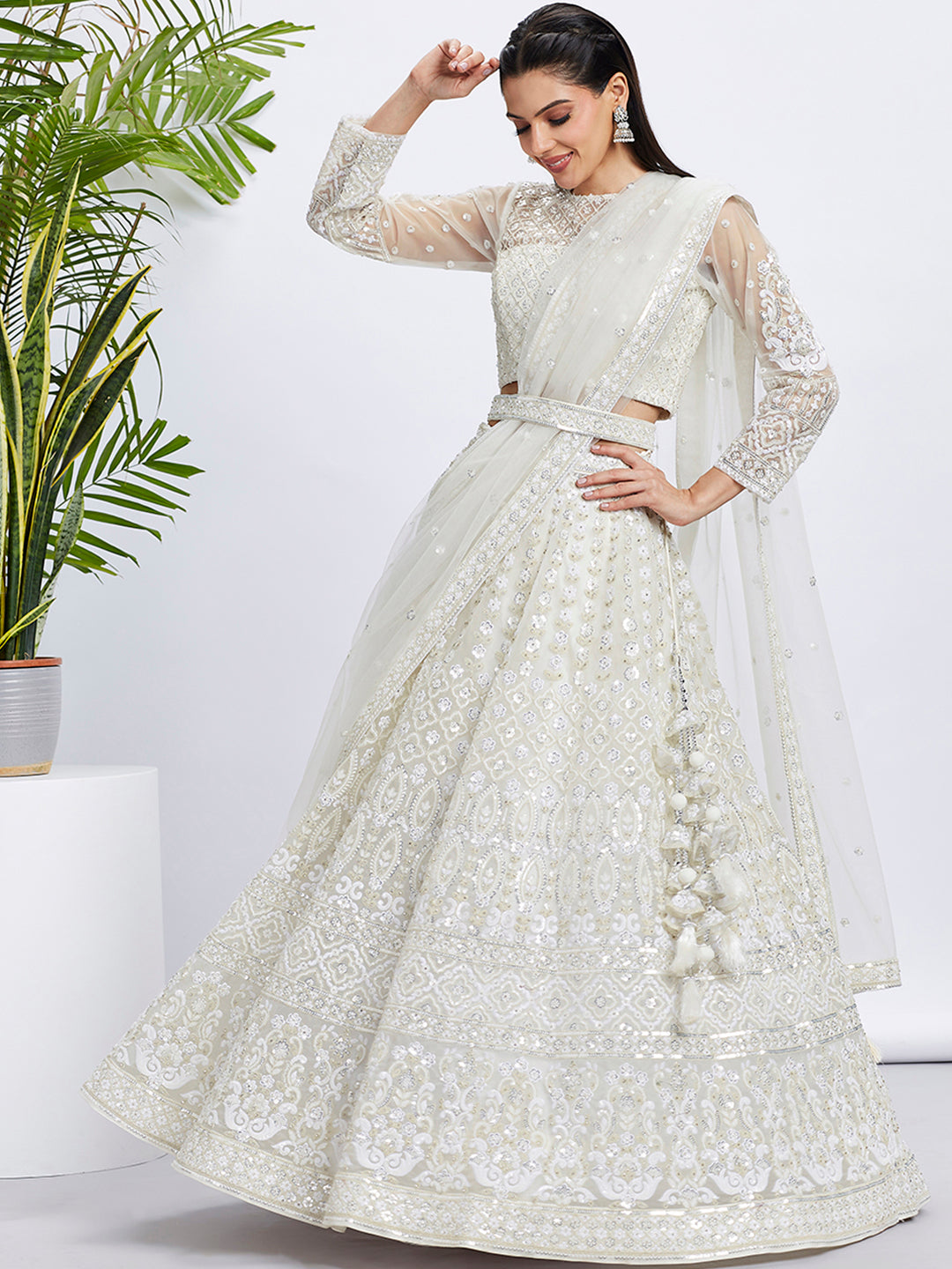 Cream Net Sequins and Thread Embroidery Lehenga Choli & Dupatta