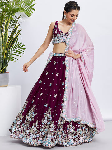 Burgundy Georgette Sequins and Thread Embroidery Lehenga Choli & Dupatta