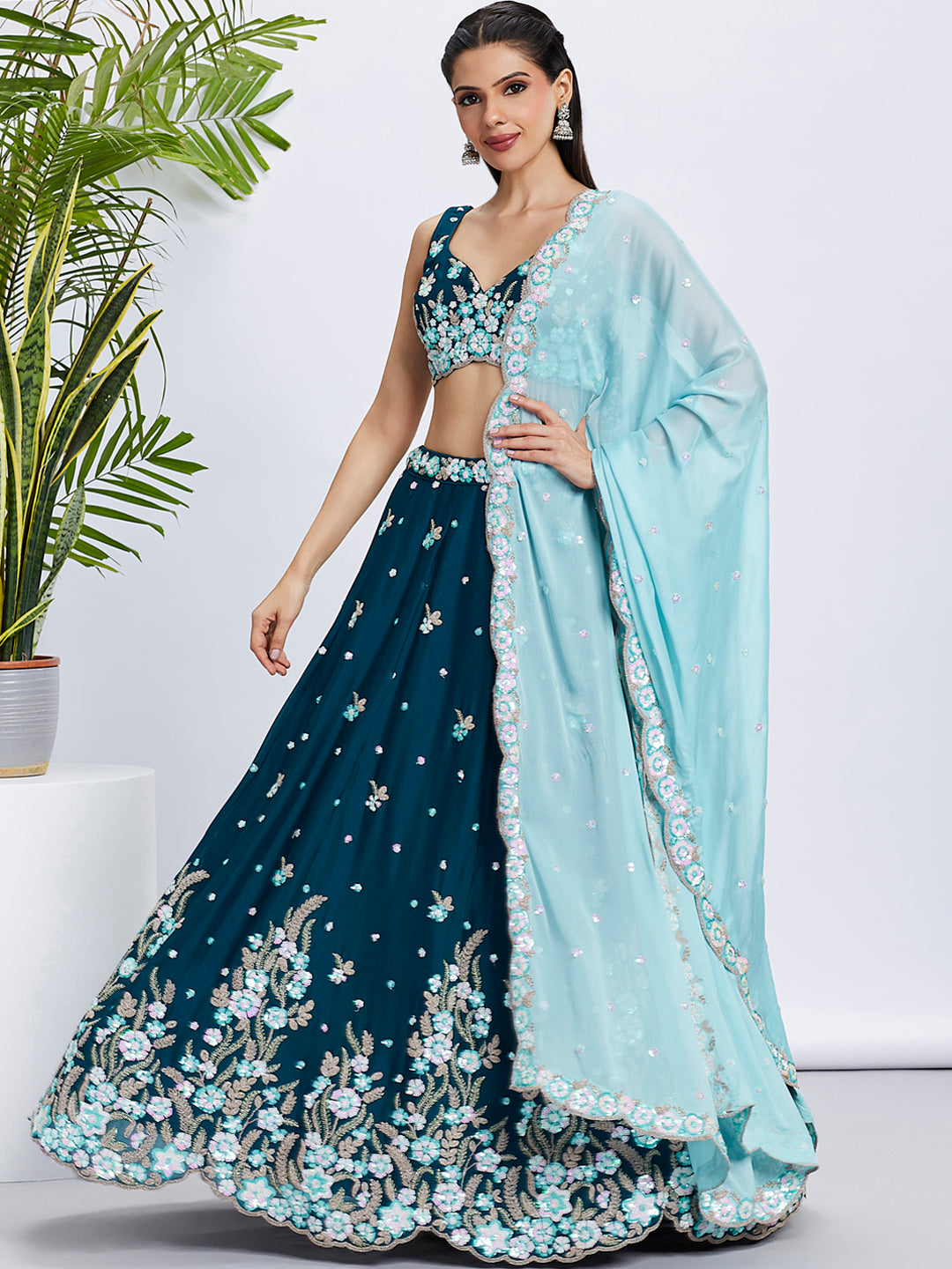 Teal Georgette Sequins & Thread Embroidery Lehenga Choli & Dupatta