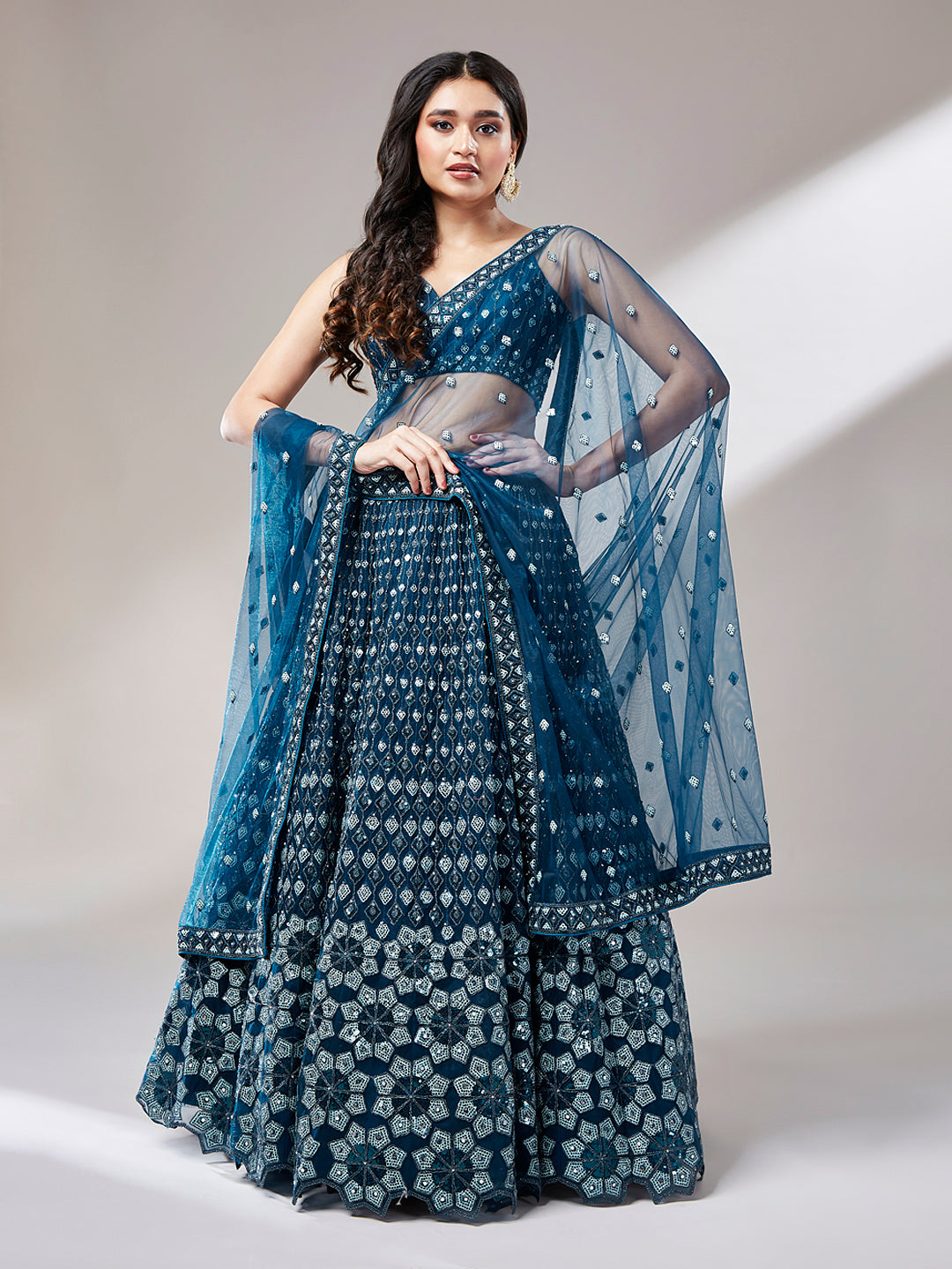 Navy Blue Net heavy Sequins Embroidery Lehenga Choli & Dupatta