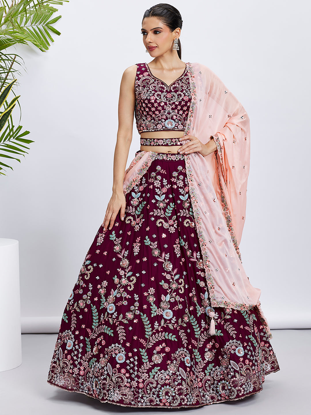 Burgundy Georgette Sequins and Thread Embroidery Lehenga Choli & Dupatta