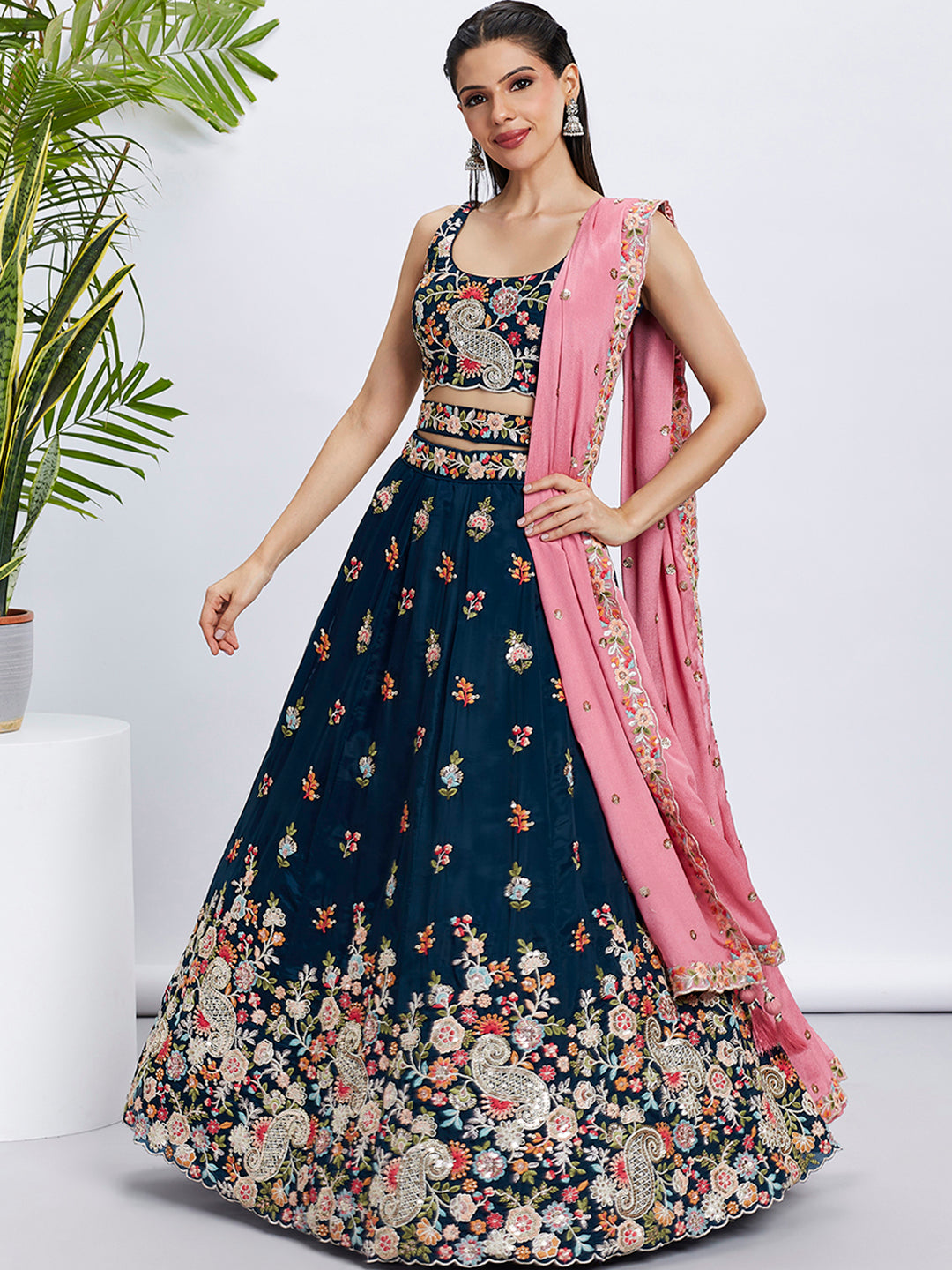 Navy Blue Organza Sequins Thread Embroidery Lehenga Choli & Dupatta