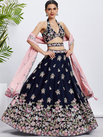 Navy Blue Georgette Sequins Thread Embroidery Lehenga Choli & Dupatta