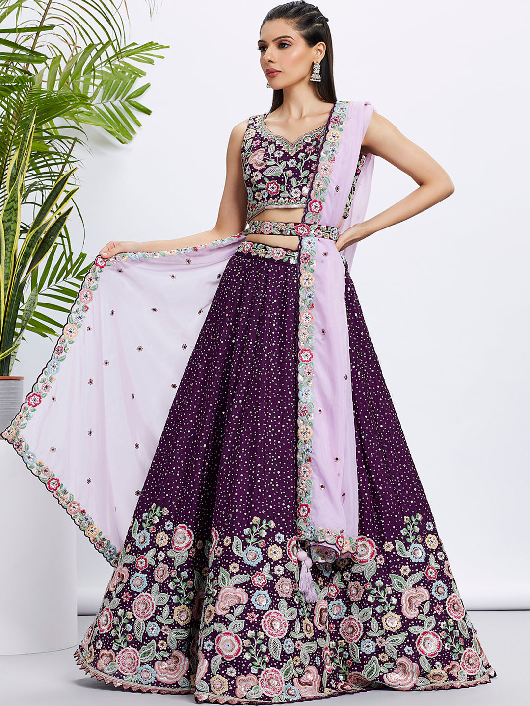 Purple Pure Chiffon Sequins Thread Embroidery Lehenga Choli & Dupatta