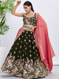 Olive Organza Sequins Thread Embroidery Lehenga Choli & Dupatta