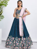 Navy Blue Chiffon Sequins Thread Embroidery Lehenga Choli & Dupatta