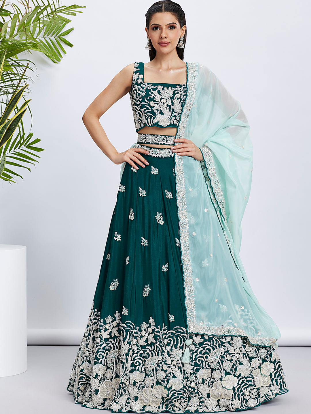 Green Georgette Sequins Thread Embroidery Lehenga Choli & Dupatta