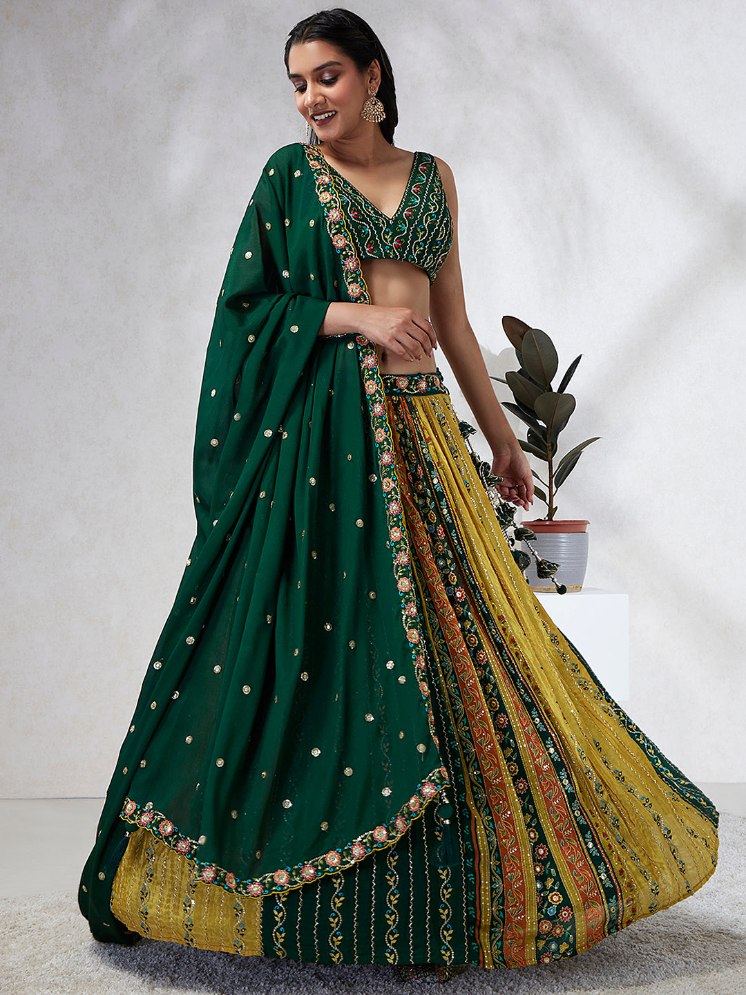 Green Chiffon Position Print with Sequins Embroidery Lehenga Choli