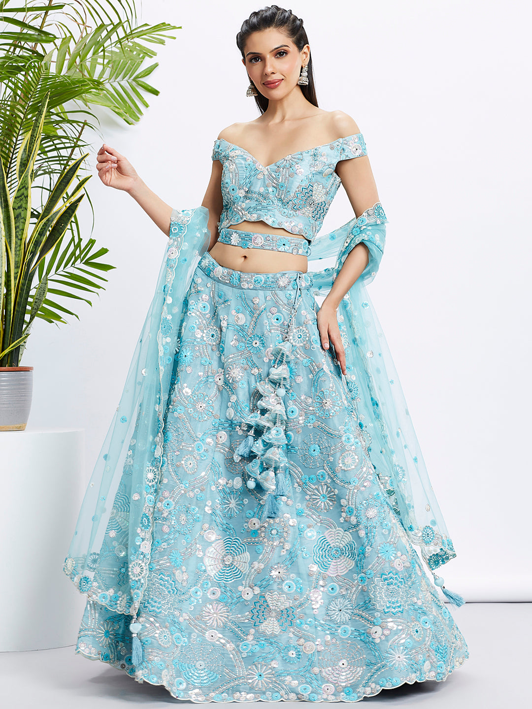 Sky Blue Organza Sequins and Thread Embroidery Lehenga Choli & Dupatta