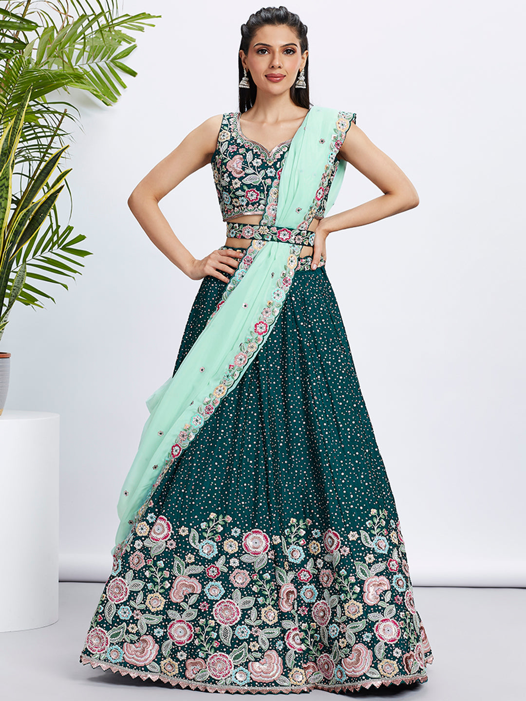 Green Pure Chiffon Sequins Thread Embroidery Lehenga Choli & Dupatta