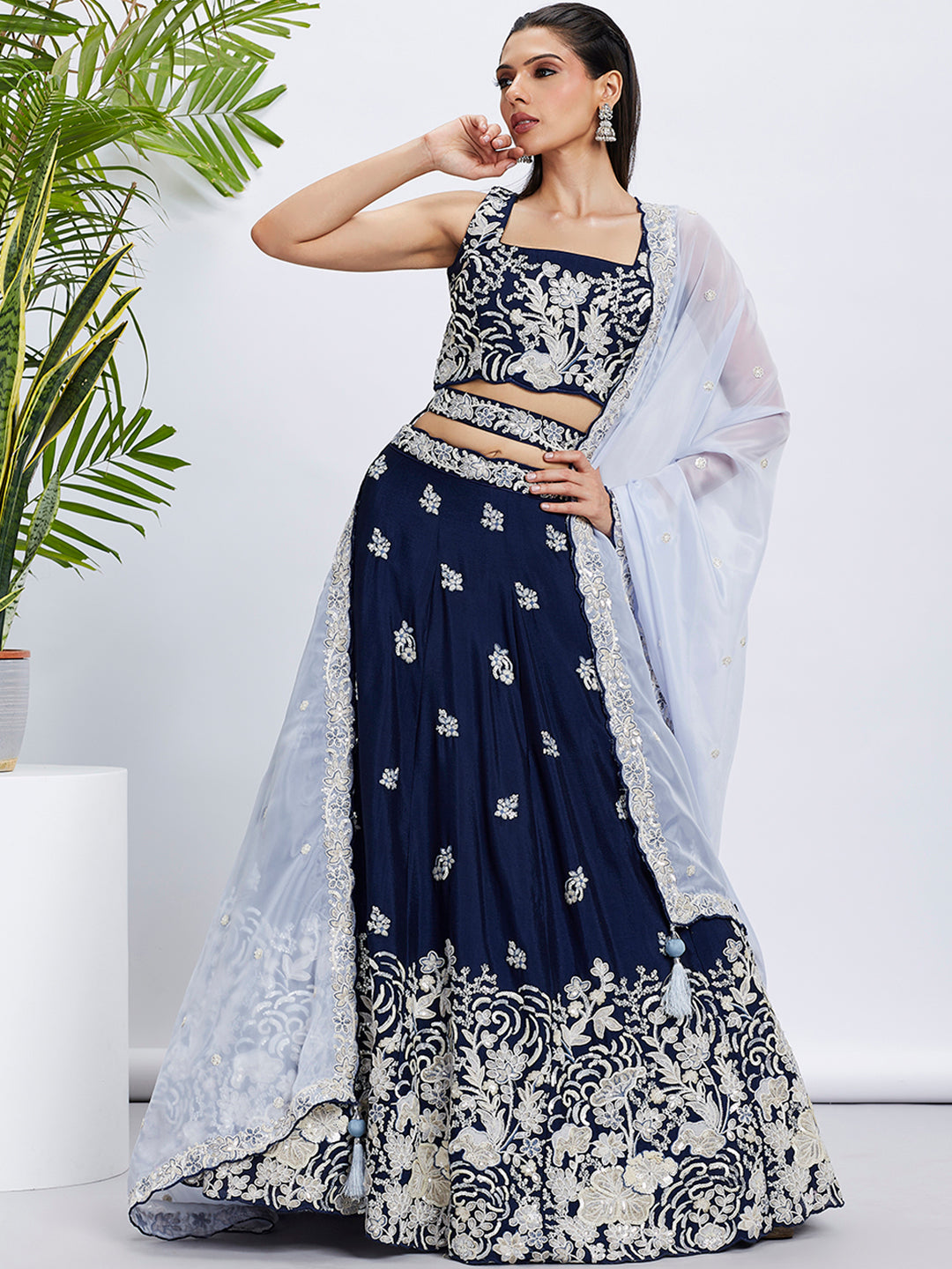 Navy Blue Georgette Sequins Thread Embroidery Lehenga Choli & Dupatta