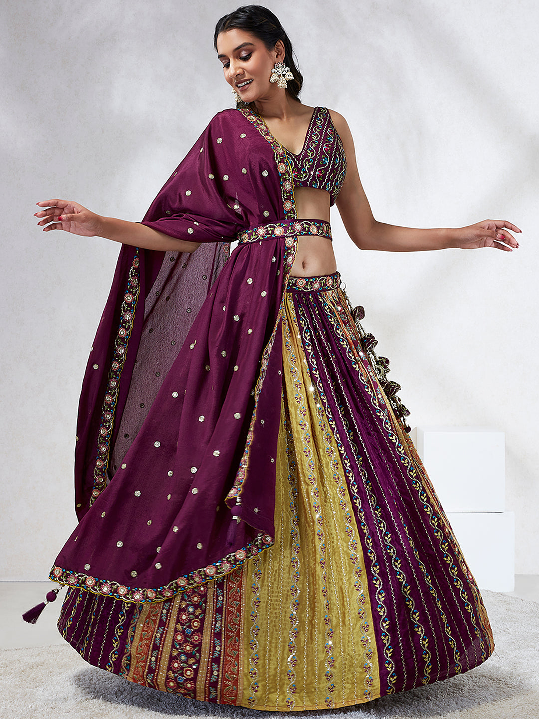 Burgundy Chiffon Position Print with Sequins Embroidery Lehenga Choli