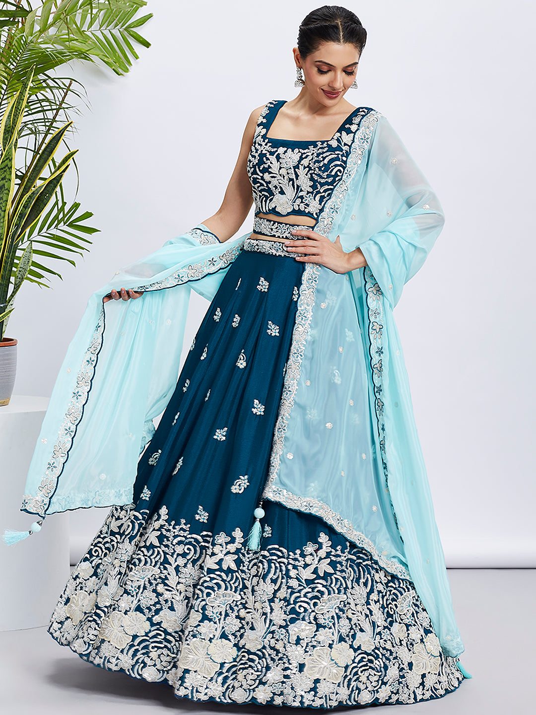 Teal Georgette Sequins Thread Embroidery Lehenga Choli & Dupatta