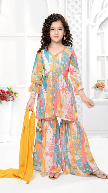 Beautiful Designer Multicolor Georgette Kids Sarara Kameez