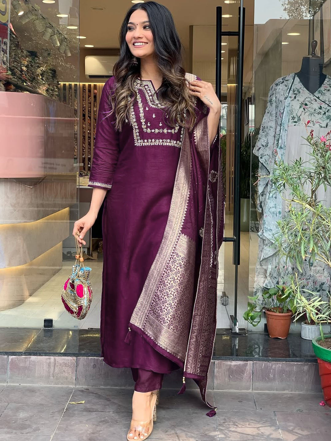 Wine Viscose Chanderi Embroidered Kurti Set with Jacquard Dupatta