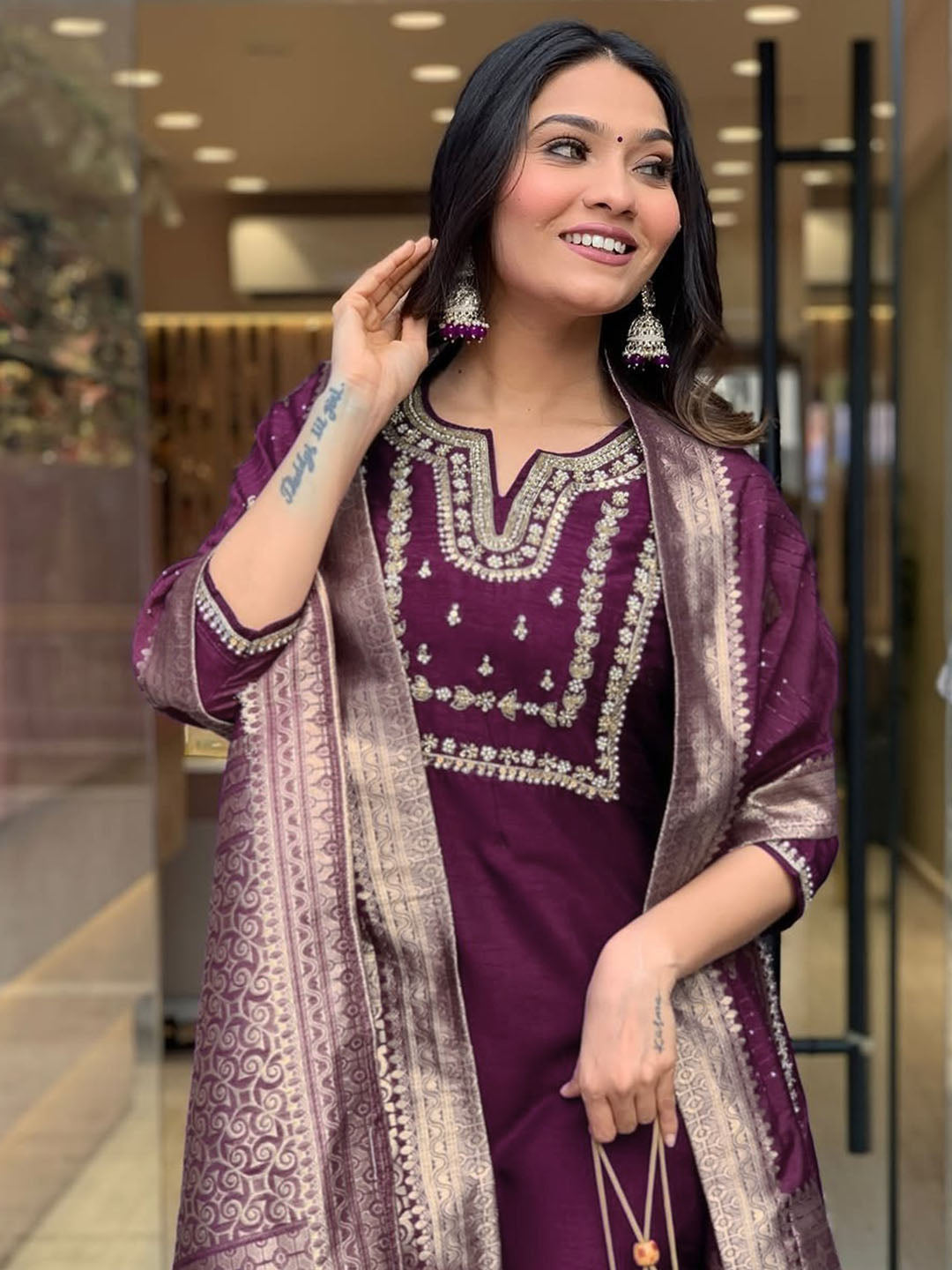 Wine Viscose Chanderi Embroidered Kurti Set with Jacquard Dupatta