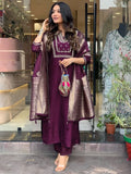 Wine Viscose Chanderi Embroidered Kurti Set with Jacquard Dupatta