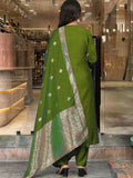 Green Viscose Chanderi Embroidered Kurti Set with Jacquard Dupatta