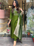 Green Viscose Chanderi Embroidered Kurti Set with Jacquard Dupatta