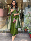 Green Viscose Chanderi Embroidered Kurti Set with Jacquard Dupatta