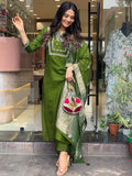 Green Viscose Chanderi Embroidered Kurti Set with Jacquard Dupatta