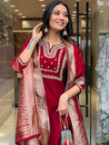 Red Viscose Chanderi Embroidered Kurti Set with Jacquard Dupatta