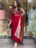 Red Viscose Chanderi Embroidered Kurti Set with Jacquard Dupatta