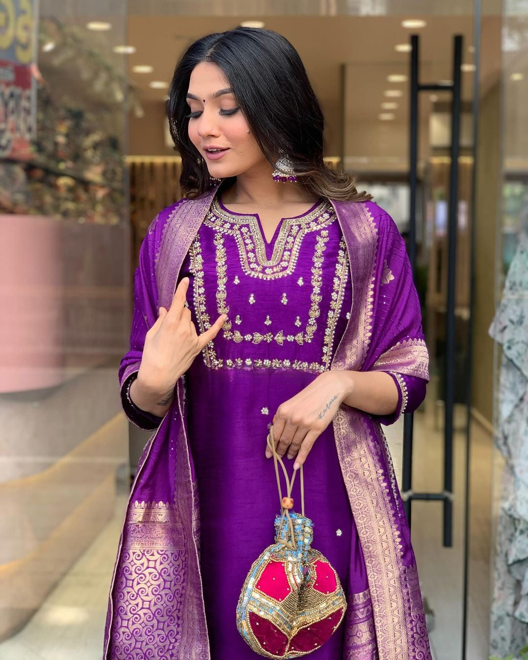 Royal Purple Viscose Chanderi Embroidered Kurti Set