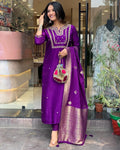 Royal Purple Viscose Chanderi Embroidered Kurti Set