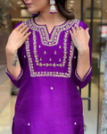 Royal Purple Viscose Chanderi Embroidered Kurti Set