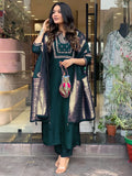 Rama Green Viscose Chanderi Embroidered Kurti Set