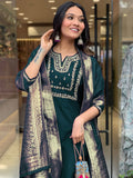 Rama Green Viscose Chanderi Embroidered Kurti Set