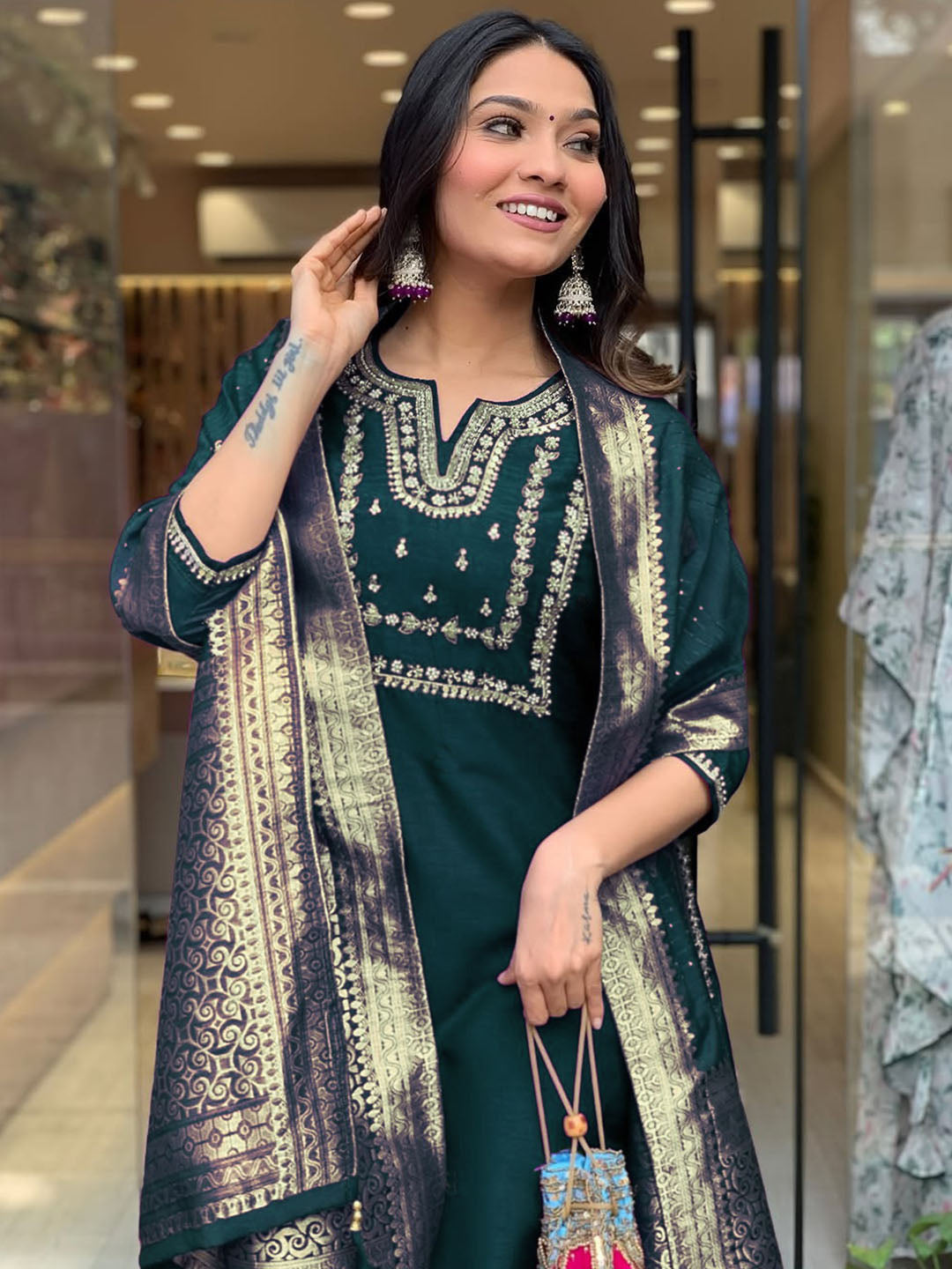 Rama Green Viscose Chanderi Embroidered Kurti Set