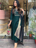 Rama Green Viscose Chanderi Embroidered Kurti Set